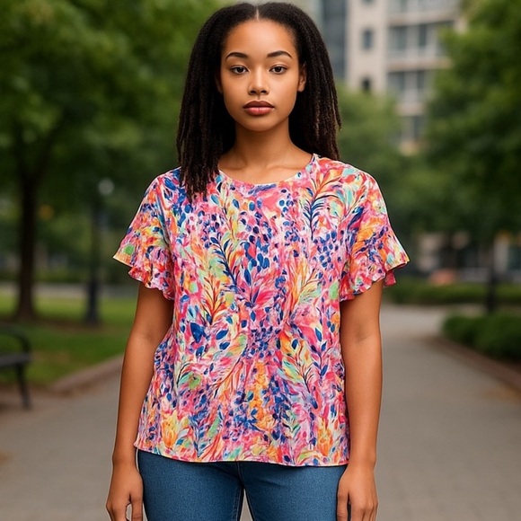 BEESON River Pullover Top Beautiful Multi Colors Butterfly Sleeves Size S - Picture 8 of 8